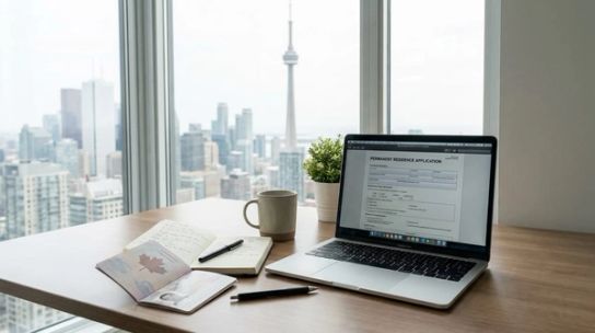 A young professional at a standing desk in a bright open-plan office in downtown Toronto, reviewing documents on a laptop, natural daylight