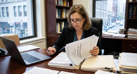 Professional reviewing immigration documents in an office setting