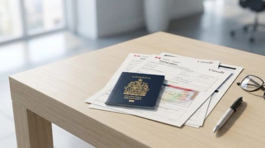 Canadian passport and official immigration documents on a desk