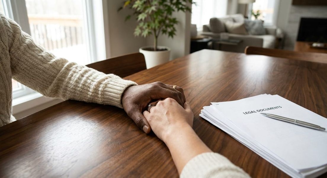 Photograph of a couple holding hands next to legal documents and a pen, symbolizing a Canada spousal sponsorship process.