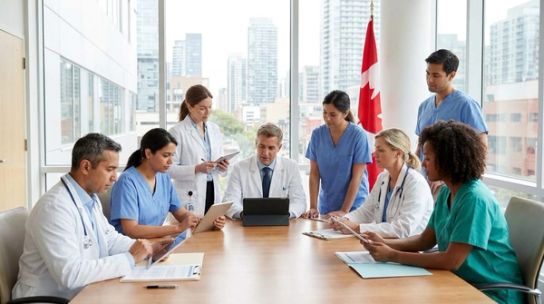 Diverse group of physicians in a Canadian hospital setting