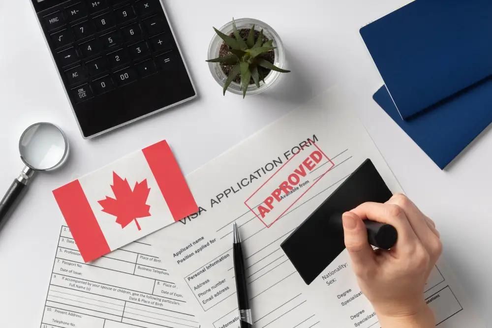 Visa application form with Canada flag and approved stamp, representing Express Entry CRS score improvement process