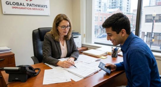 An immigration consultant reviews paperwork with a smiling client holding a passport in an office.