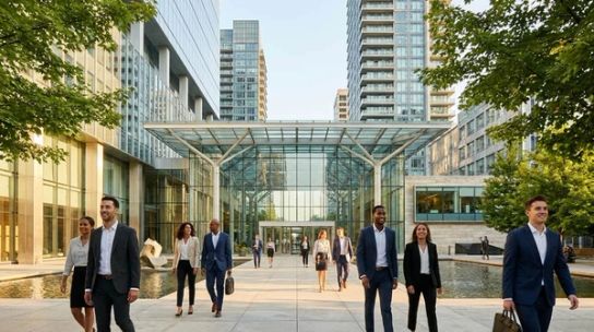 Sunlit modern Canadian civic plaza with sleek glass architecture and professionals walking outdoors.