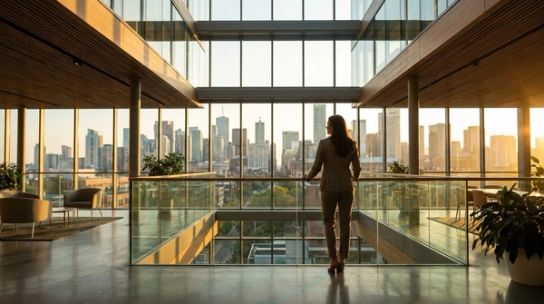 A professional standing in a sunlit modern atrium looking out at a Canadian city skyline at morning.