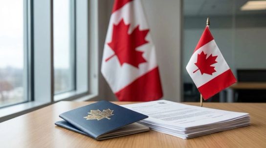 A blue Canadian passport booklet and official documents on a desk with Canadian flags.