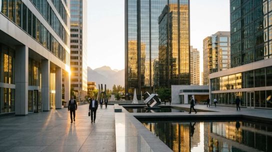 Sunrise over a modern Canadian city plaza with glass skyscrapers reflecting golden morning light.