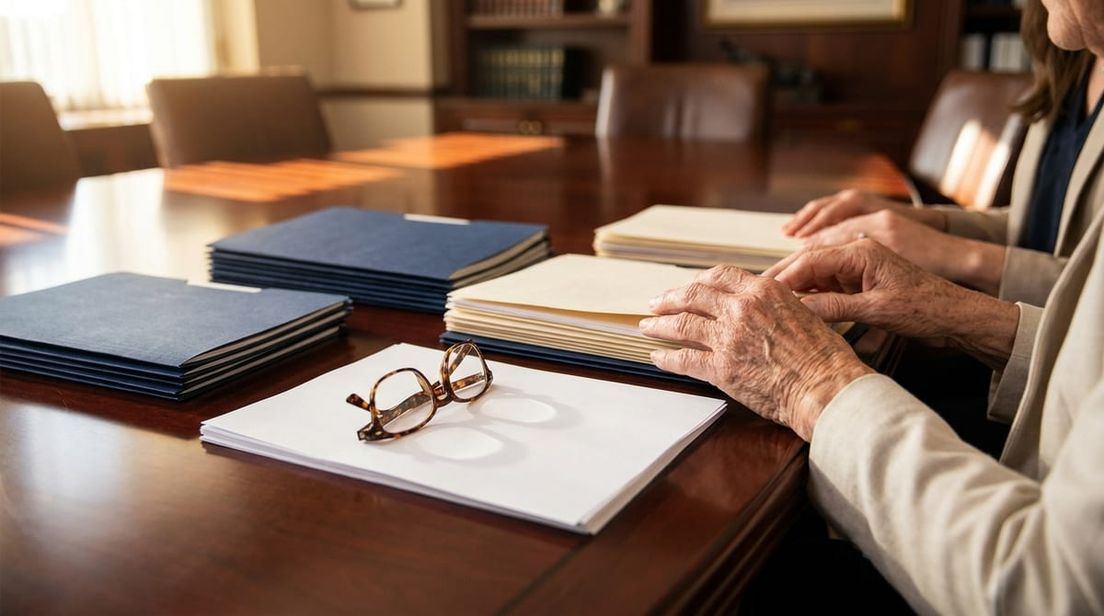 Close-up of younger and older hands organizing official folders and documents on a polished wooden desk in a bright room.