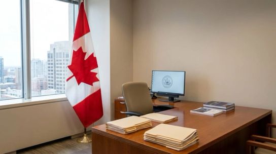 Professional immigration office desk with official Canadian documents