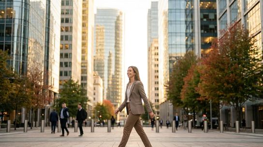 A smiling professional walking along a sunlit city street with modern glass office towers in the background.